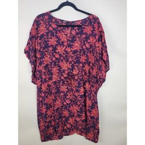 Lands End Floral Tunic Top M-L Navy Coral Pink Boho Short Sleeve Women's Blouse